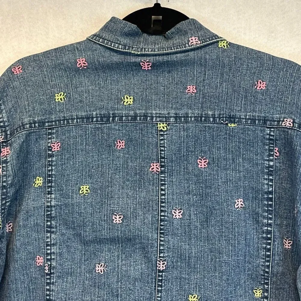 Vintage ALFRED DUNNER Denim Jacket Size 12‎ Blue 80s Embroidered Butterfly Cute!